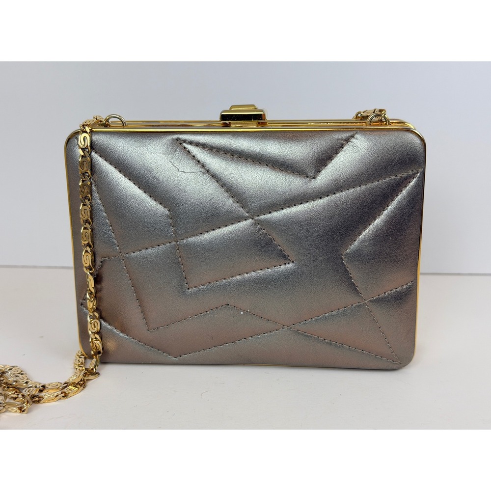 Vintage Metallic Silver Quilted Box Clutch Bag Gold Chain Strap Evening Purse